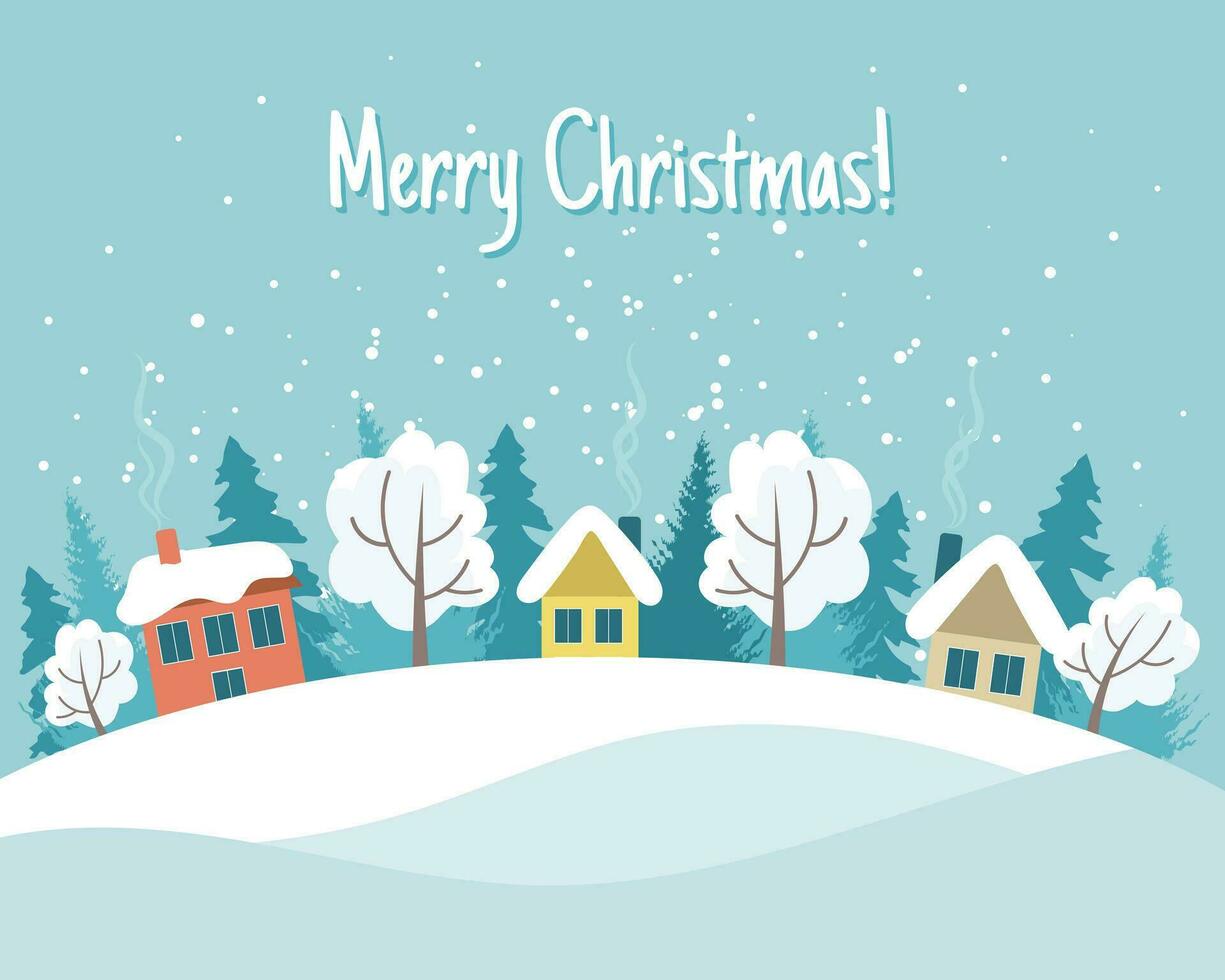 Winter landscape with cute houses, trees and fir trees, Merry Christmas greeting card template. Illustration in flat style. Vector