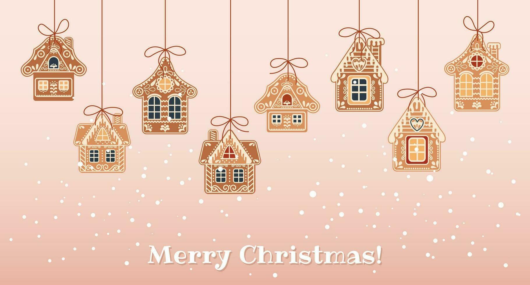 Christmas background with hanging cute gingerbread houses in the snow, greeting card template. Illustration in flat style. Vector