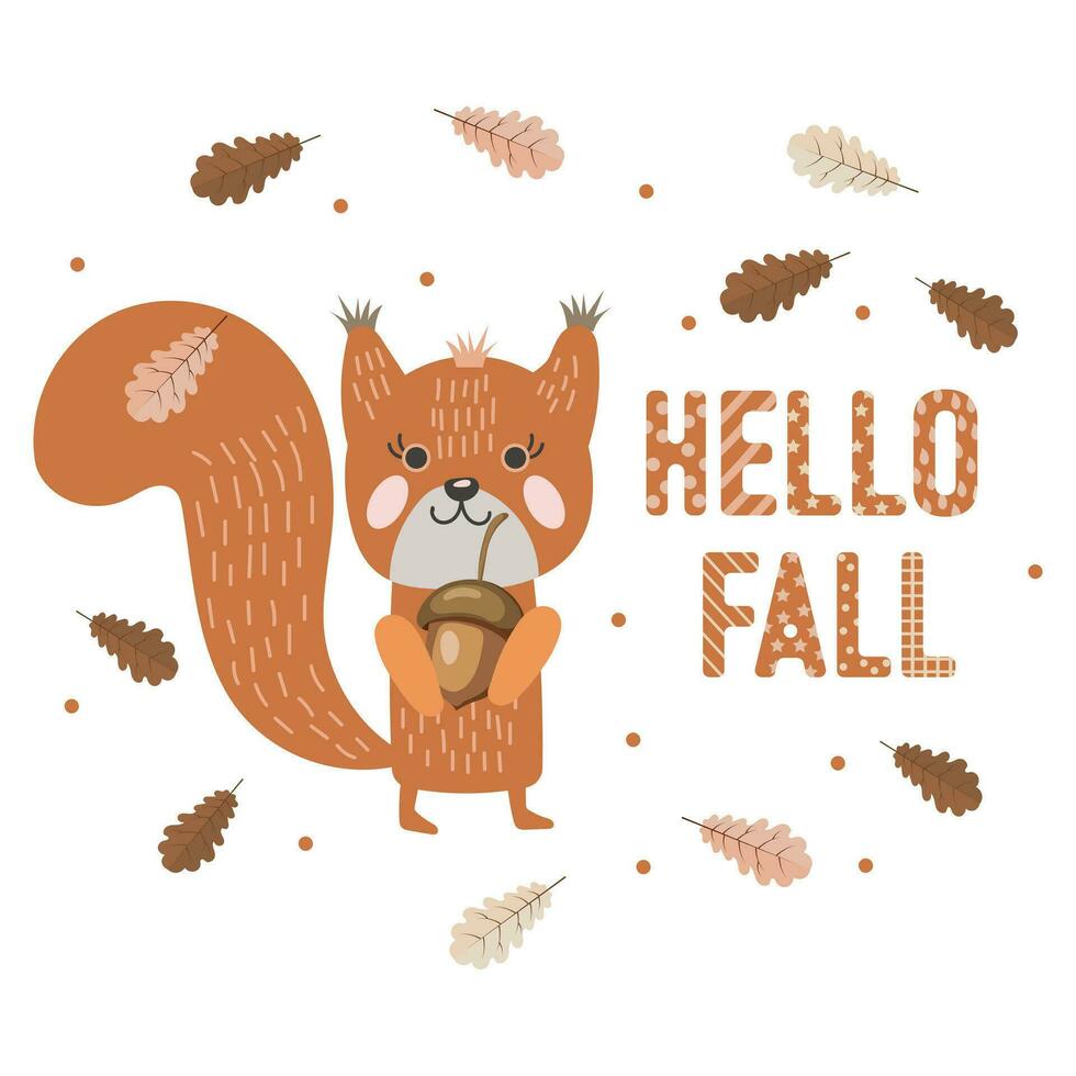 Cute squirrel with acorn in doodle style with autumn leaves and text hello fall. Print, children's illustration, vector