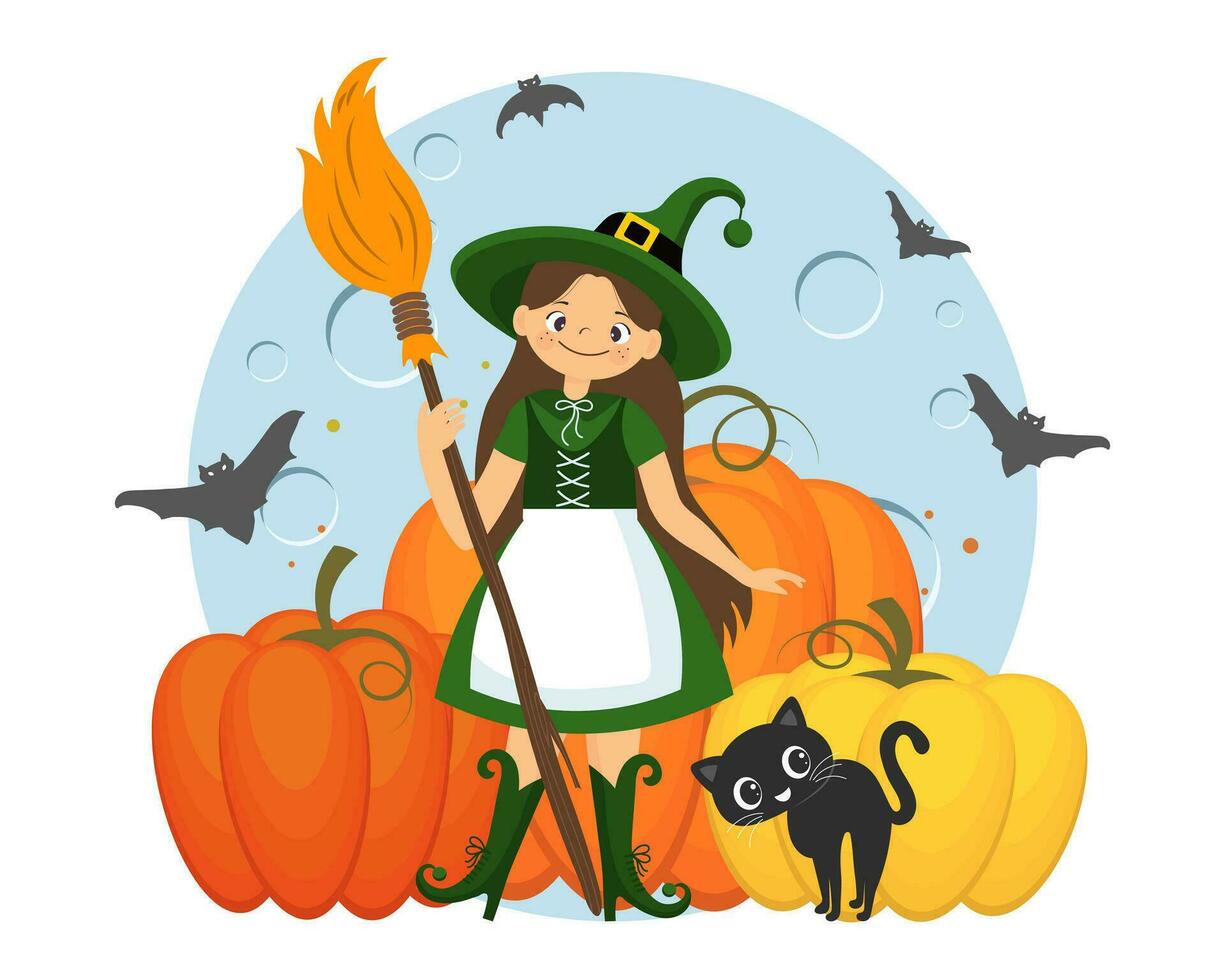 Cute little witch with broom, moon, pumpkins and bats. Halloween illustration in cartoon style, vector