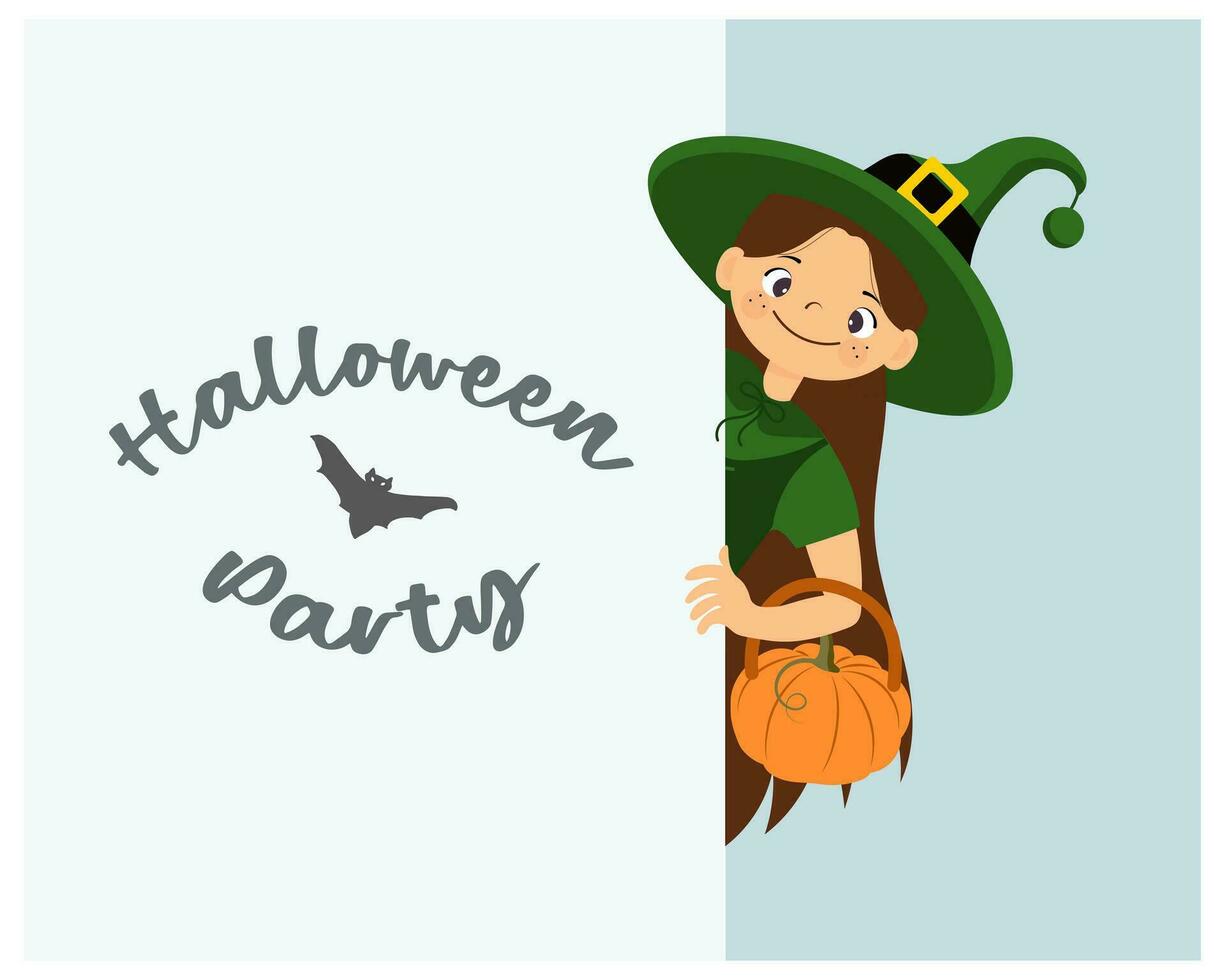 Cute little witch with pumpkin looks out from behind the door and text Halloween Party. Halloween illustration in cartoon style, vector