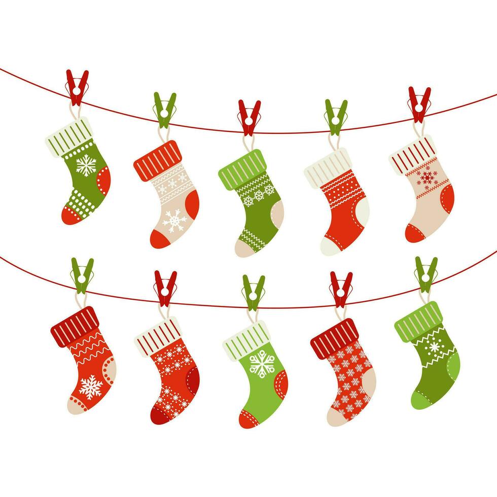 Winter Christmas socks with snowflake ornament, stikcers set. Icons, vector