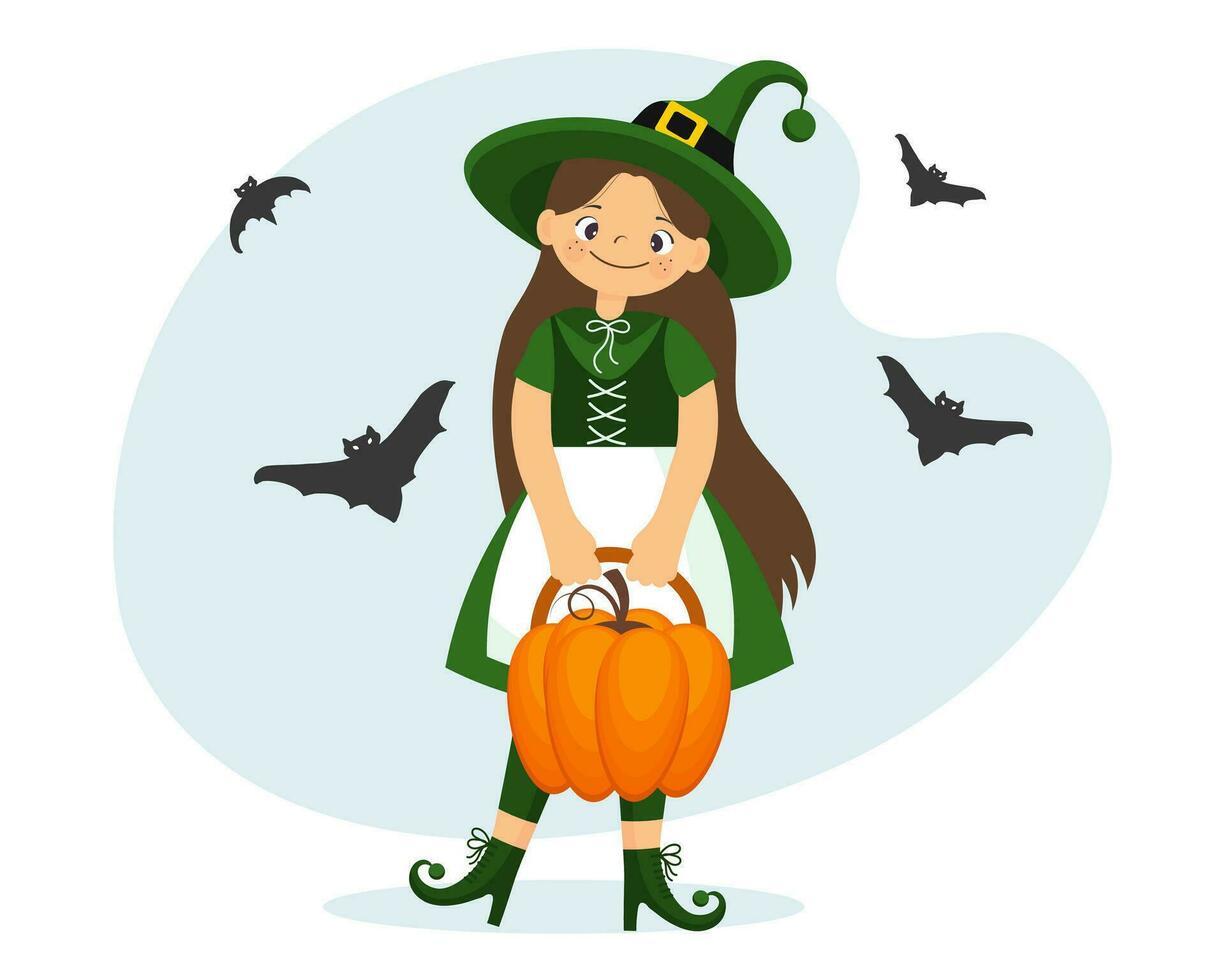 Cute little witch with broom, moon, pumpkins and bats. Halloween illustration in cartoon style, vector