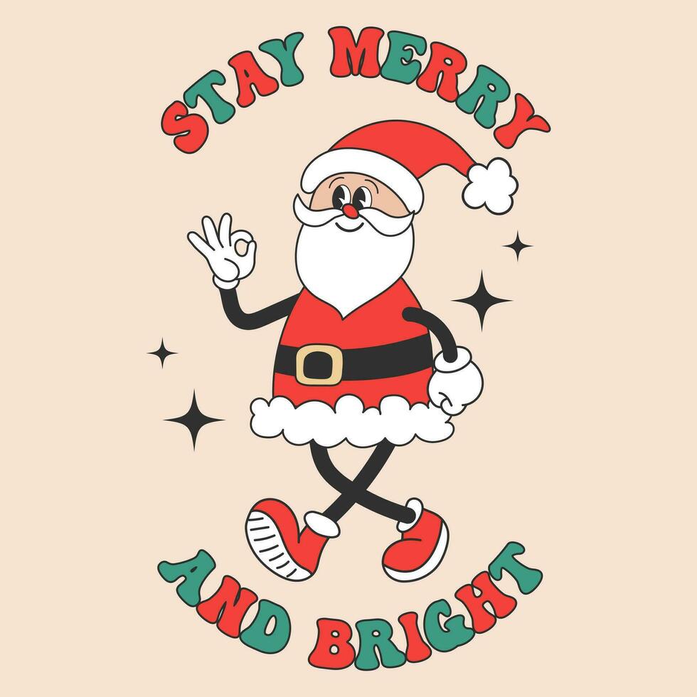 Retro Groovy hippie Santa Claus character with calligraphy lettering. Christmas Holiday card in trendy cartoon style. Vector