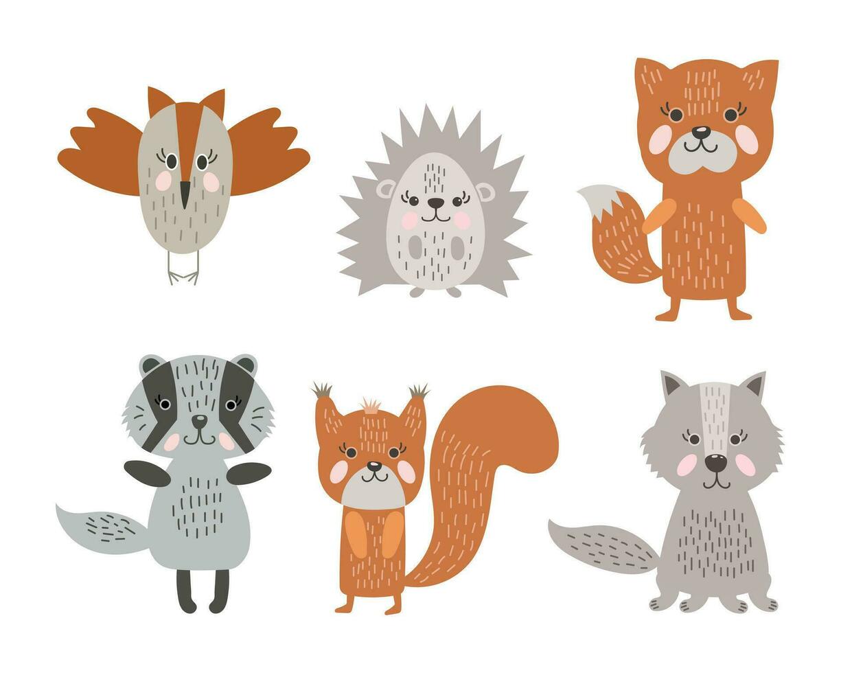 Set of cute forest animals characters in doodle style. Print, children's cartoon illustration, vector