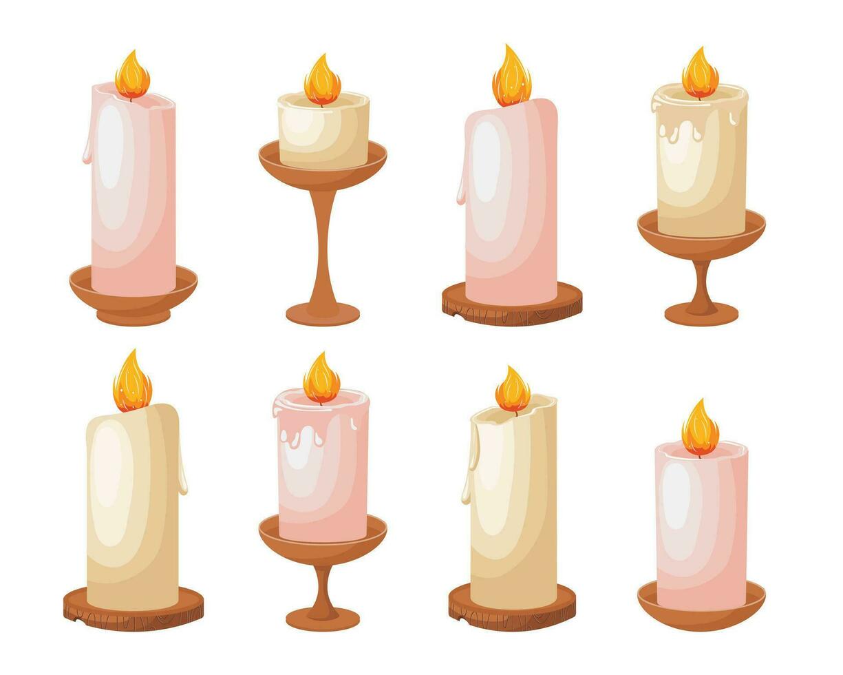 A set of festive burning candles on candlesticks, wooden stands. Set of light decorations for Christmas, birthday, anniversary. Vector