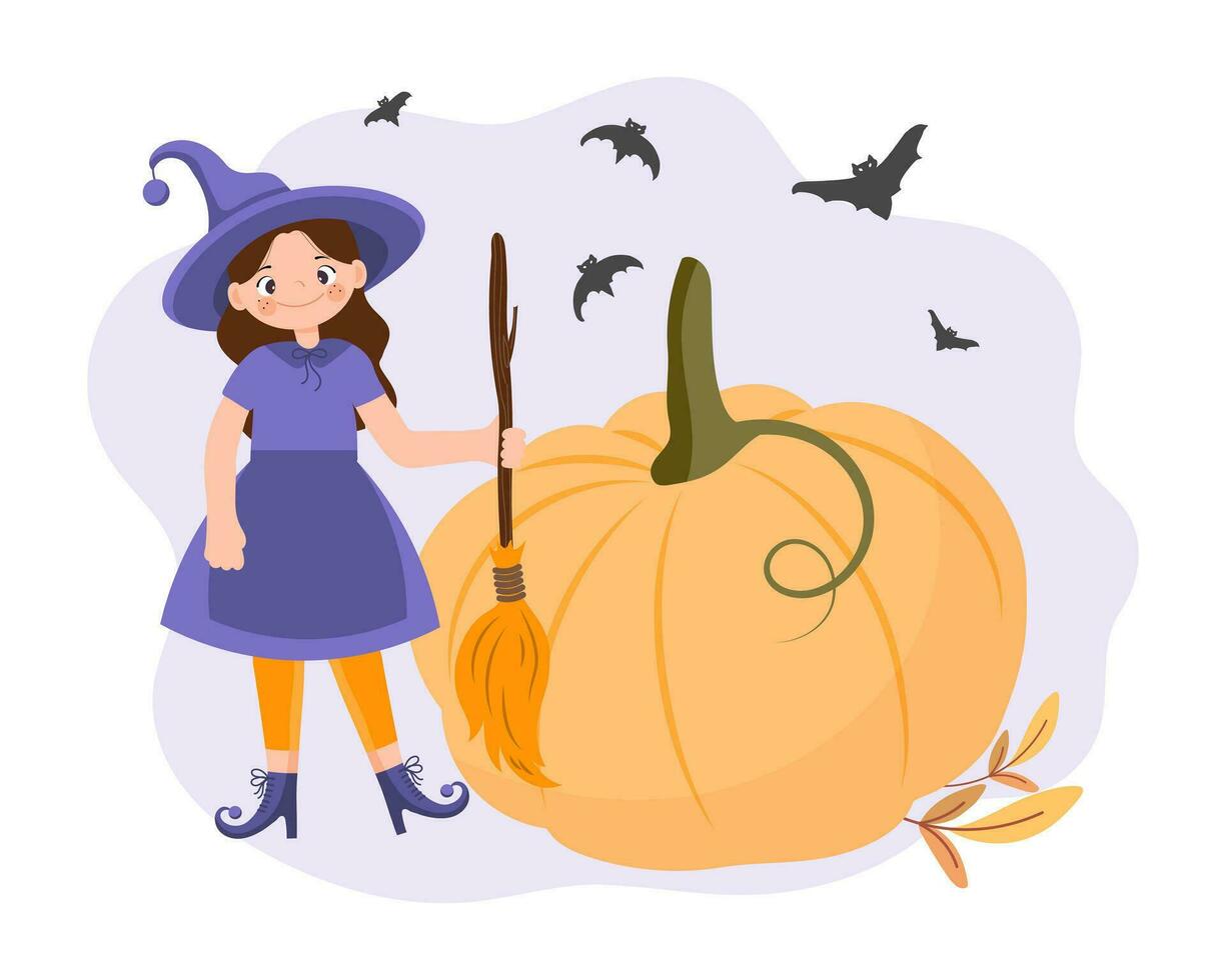 Cute little witch with broom, moon, pumpkins and bats. Halloween illustration in cartoon style, vector