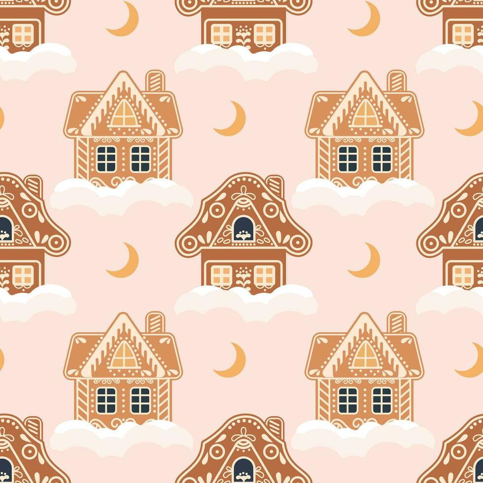 Christmas background of gingerbread houses with snow and moon. Seamless pattern in flat cartoon style. Vector