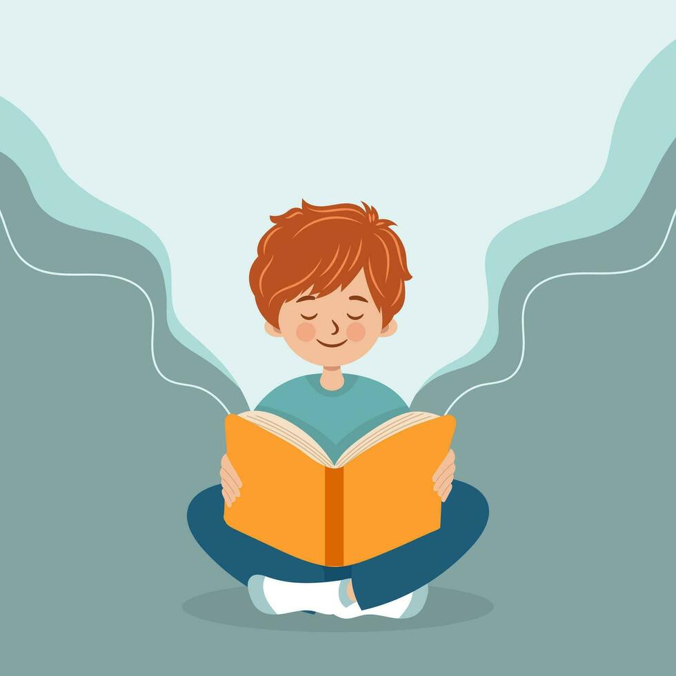 Cute boy reading a book or studying. Book lovers, readers, fans of modern literature, banner template. Education or training event concept. Vector