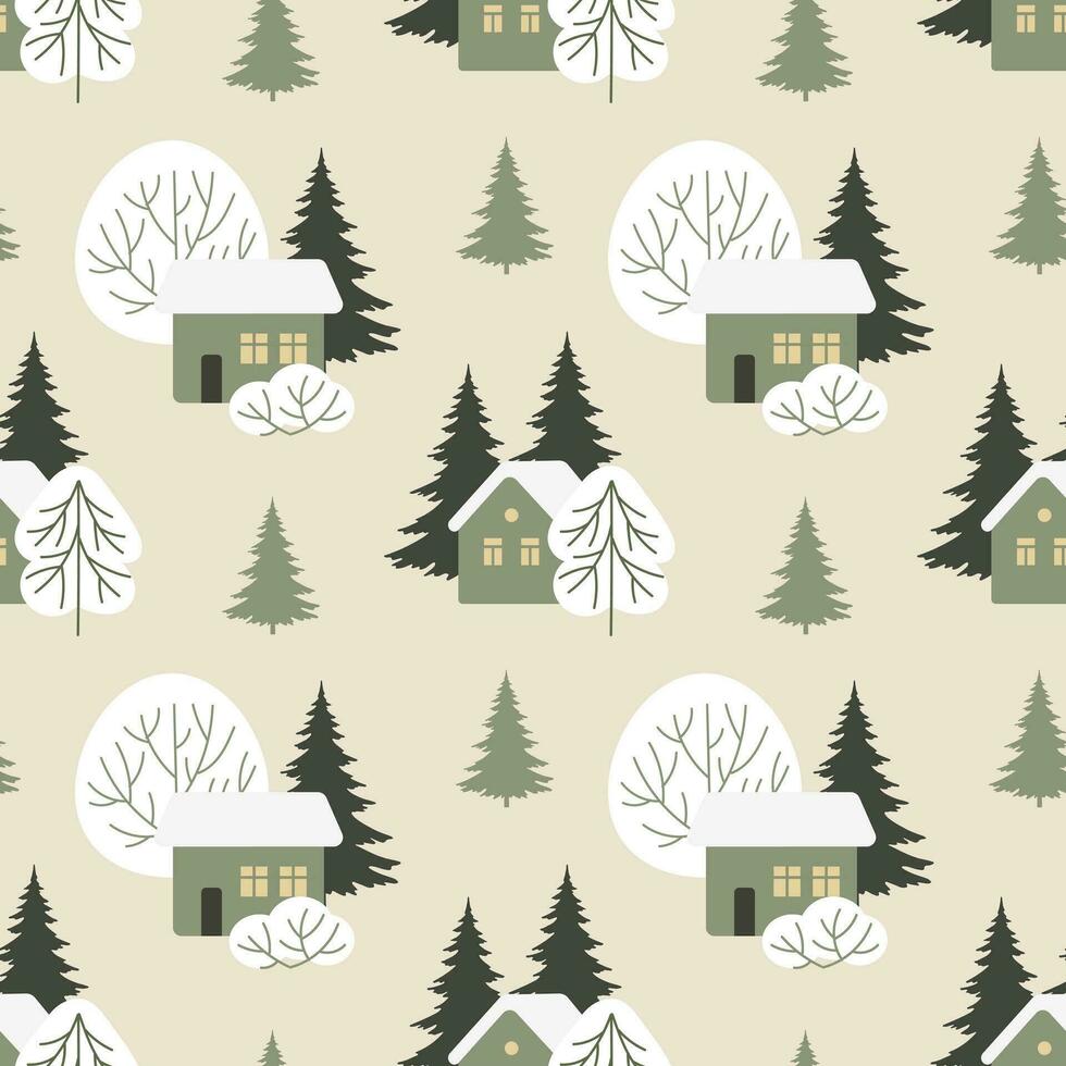 Seamless pattern, winter rural landscape with houses in the snow, fir trees and trees. Print, vector