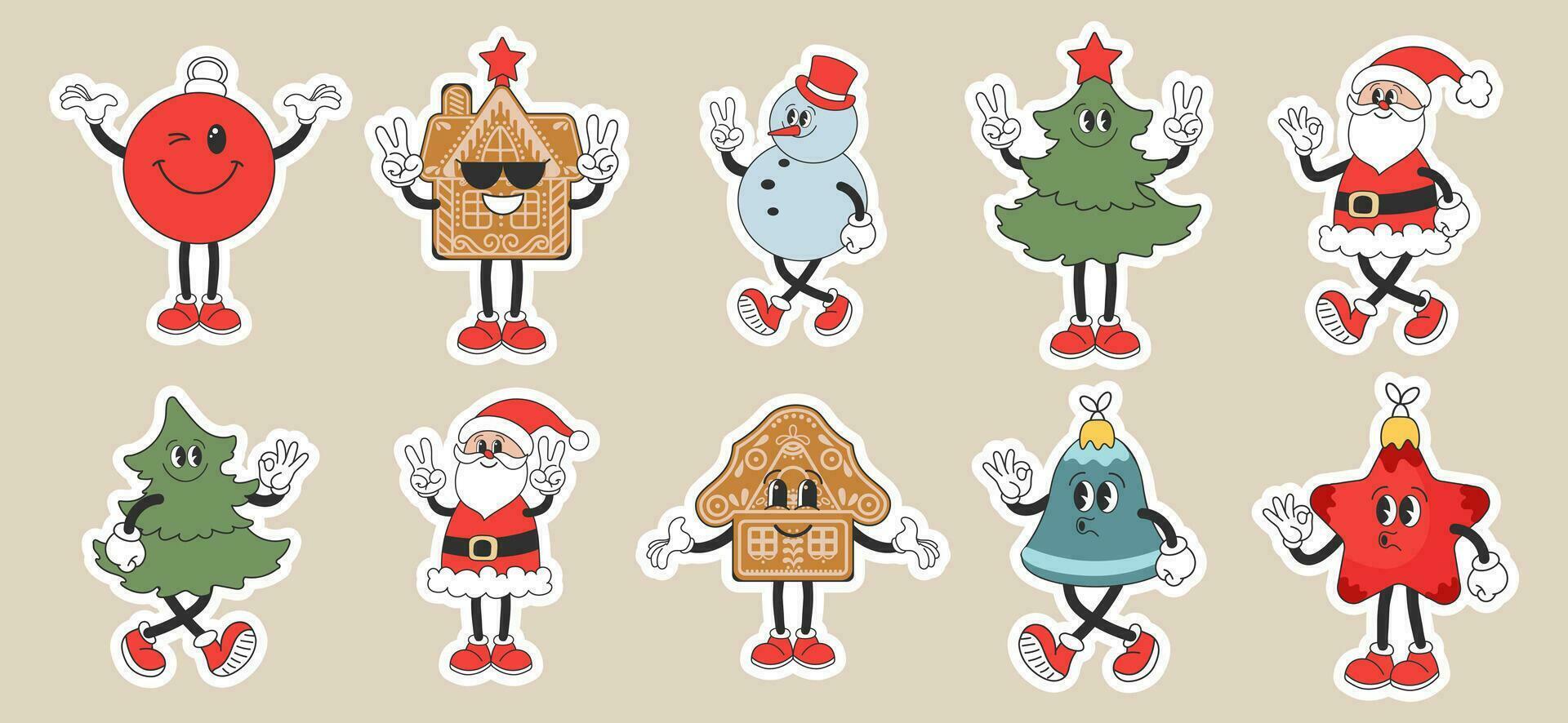 Set of Christmas stickers, Groovy retro characters. Snowman, Santa Claus, Christmas tree, gingerbread, bell, star, Christmas ball. Christmas holiday icons in cartoon style. Vector