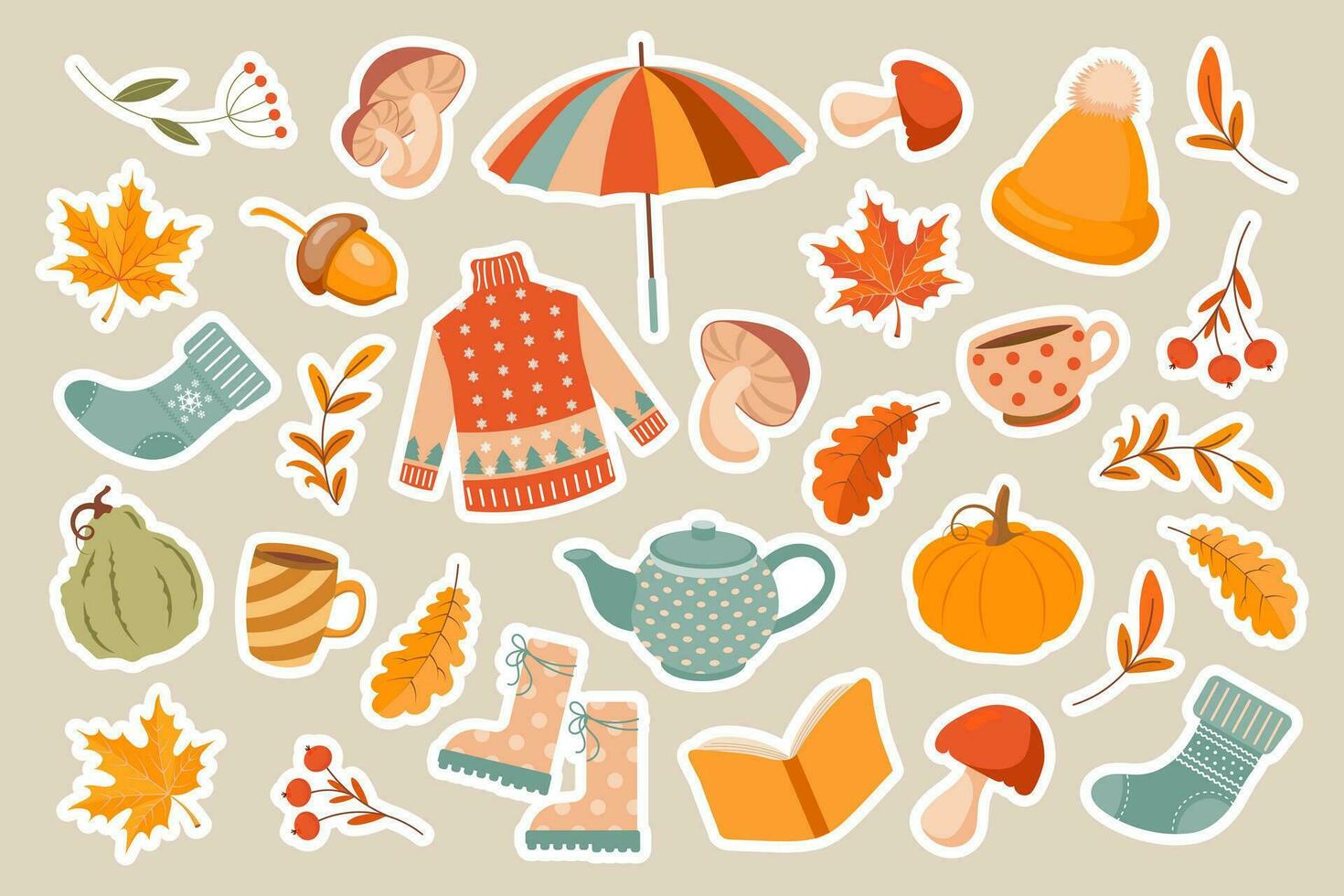 Autumn set of cozy stickers. Sweater, socks, pumpkins, mountain ash, mushrooms, umbrella, autumn leaves, tea, rubber boots. Design elements. Vector