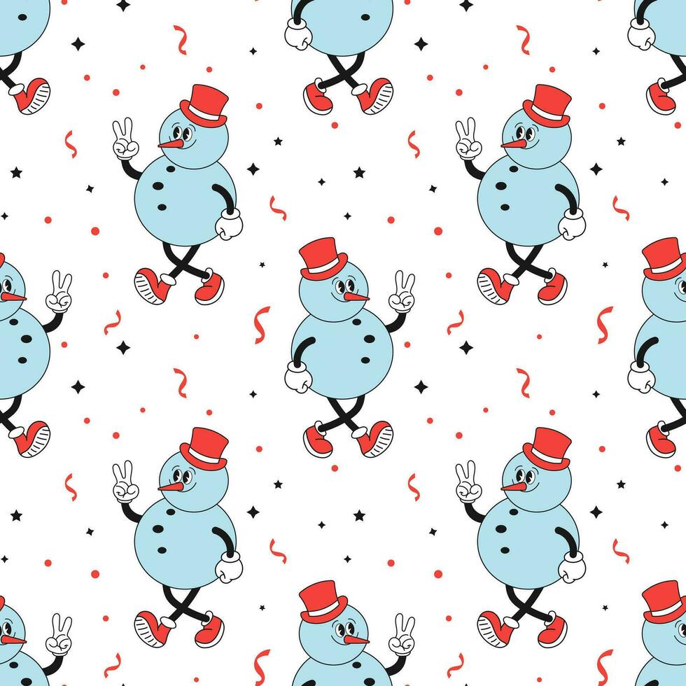 Seamless pattern, retro hippie character of a cheerful snowman. Christmas print, background in cartoon style. Vector