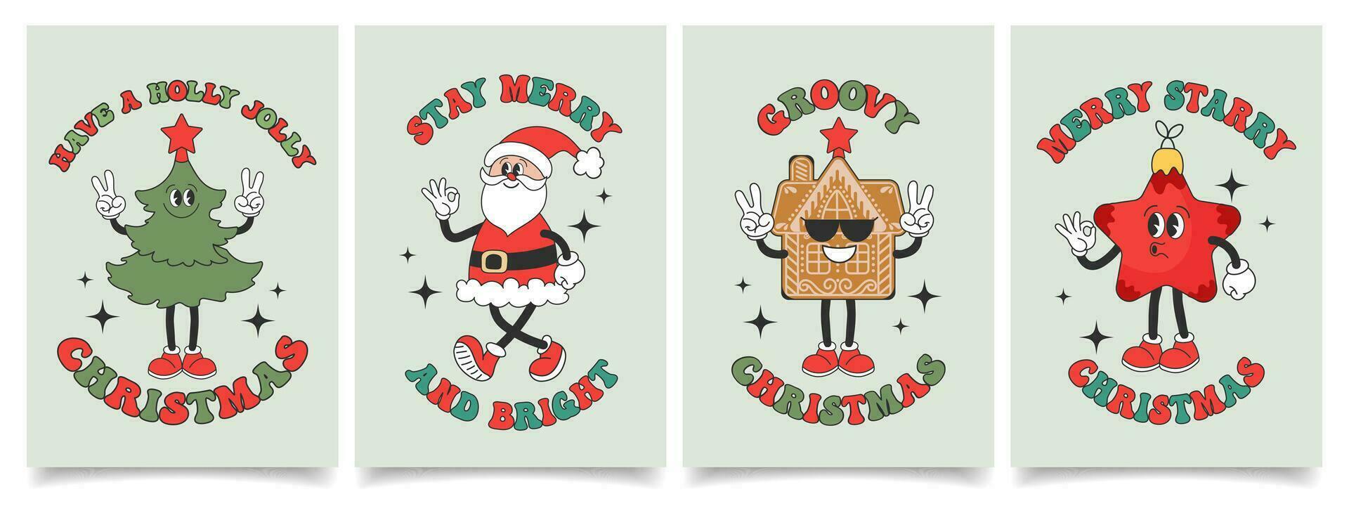 Set of Christmas cards with retro Groovy hippie characters. Santa Claus, Christmas tree, gingerbread, Christmas star. Holiday illustrations in cartoon style. Vector