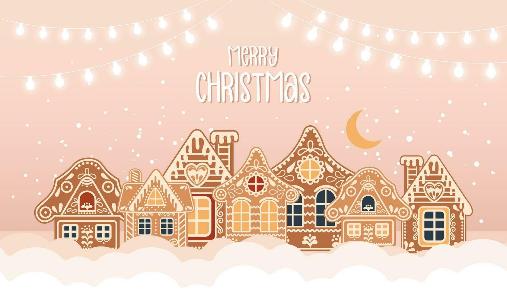 Winter landscape with cute gingerbread houses in the snow, Merry Christmas greeting card template with inscription. Illustration in flat style. Vector