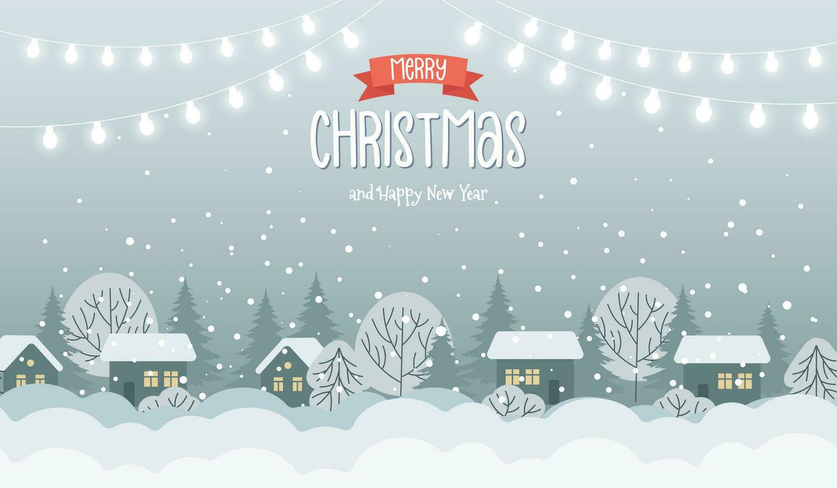 Winter landscape with cute houses, trees and holiday lights, Merry Christmas greeting card template. Illustration in flat style. Vector