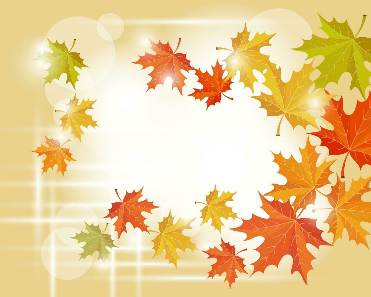 Frame with autumn maple leaves and rowan branches on a light background with sun reflections. Autumn illustration, vector