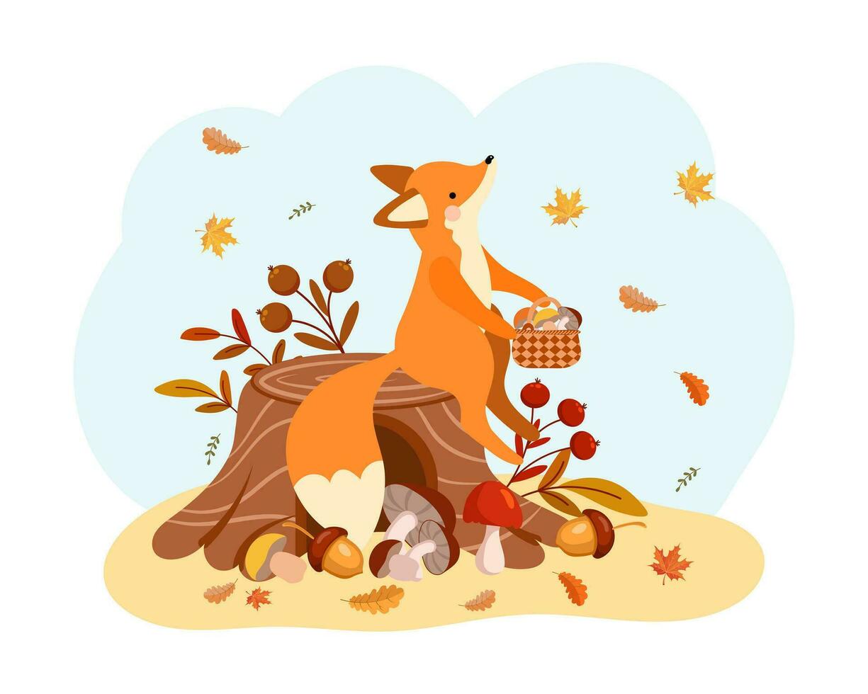 A cute cartoon fox with a basket of mushrooms on a stump. Children's print, autumn illustration, vector