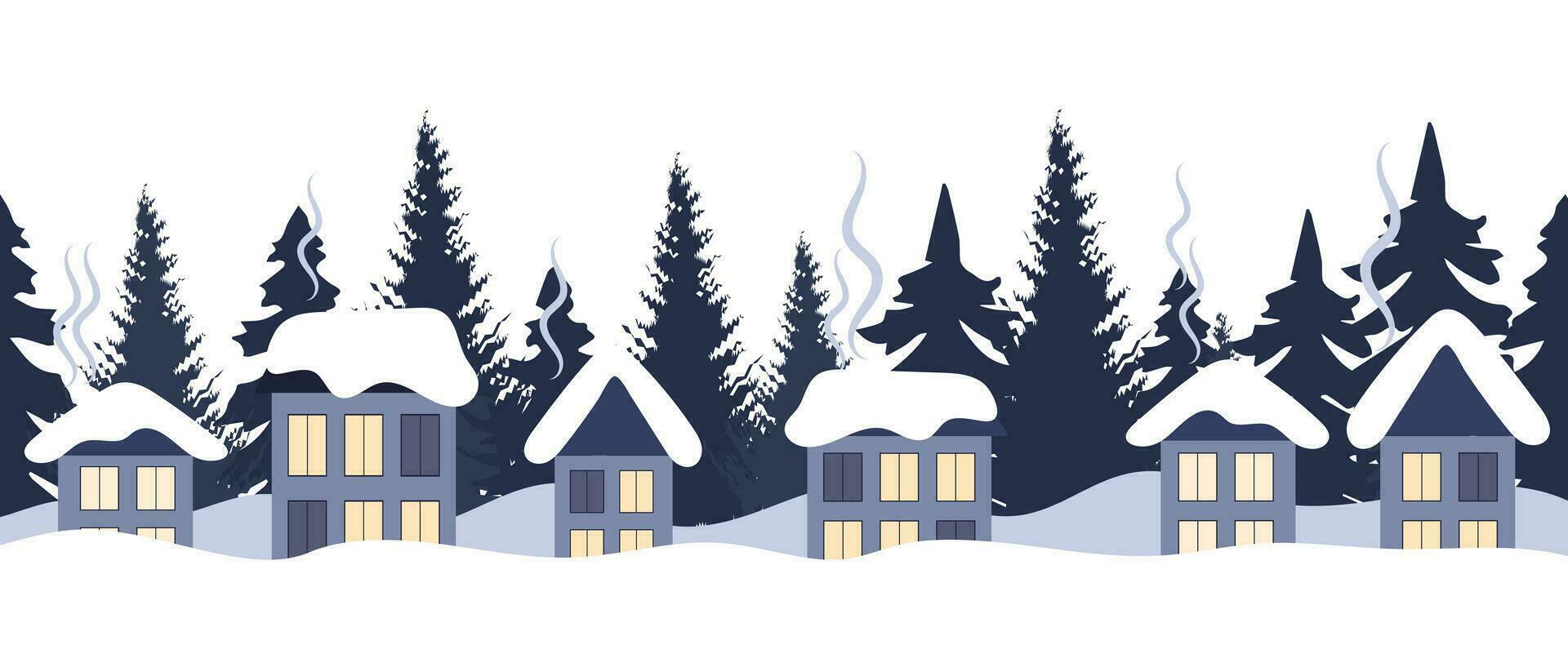 Snow-covered rural houses with fir trees. Winter background, seamless border, vector