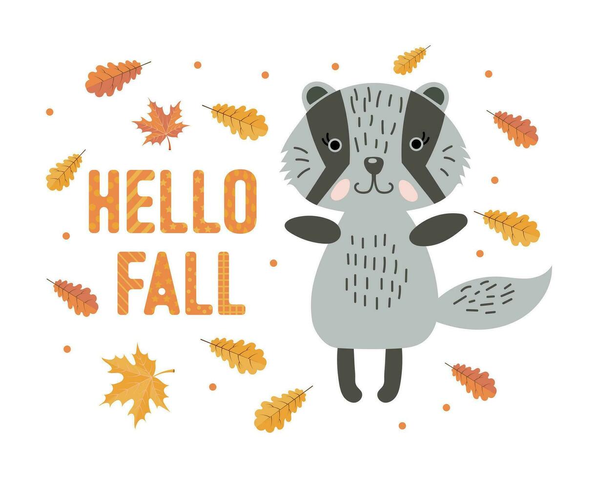 lindo tejón en estilo garabato con hojas de otoño y texto hola otoño. impresión, ilustración infantil, vector