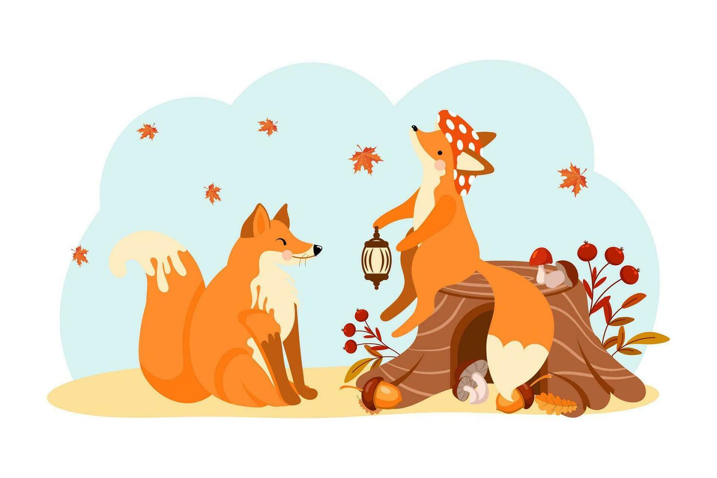 Cute foxes in the autumn forest, a fox on a stump and a fox in love. Cartoon baby illustration, print, vector