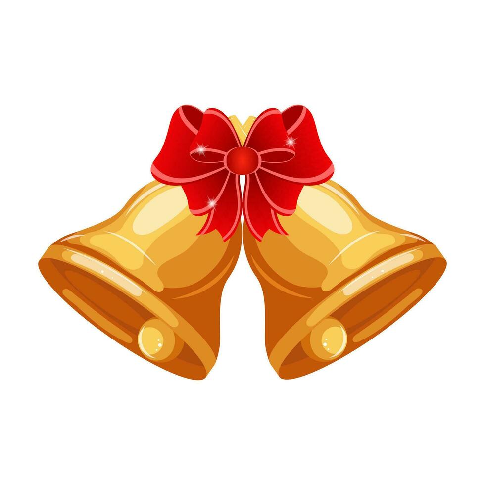 coloridas campanas doradas de Navidad con lazo rojo, icono, símbolo. impresión, ilustración, vector