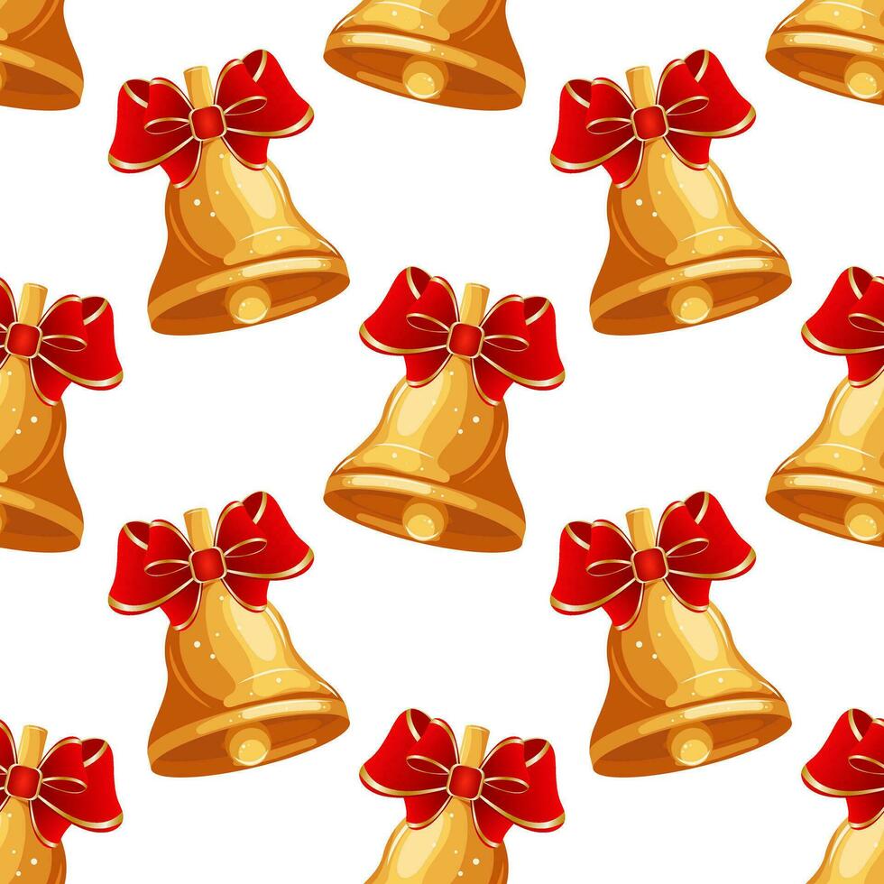 Seamless pattern, colorful christmas golden bells with red bow. Print, background, textile, vector