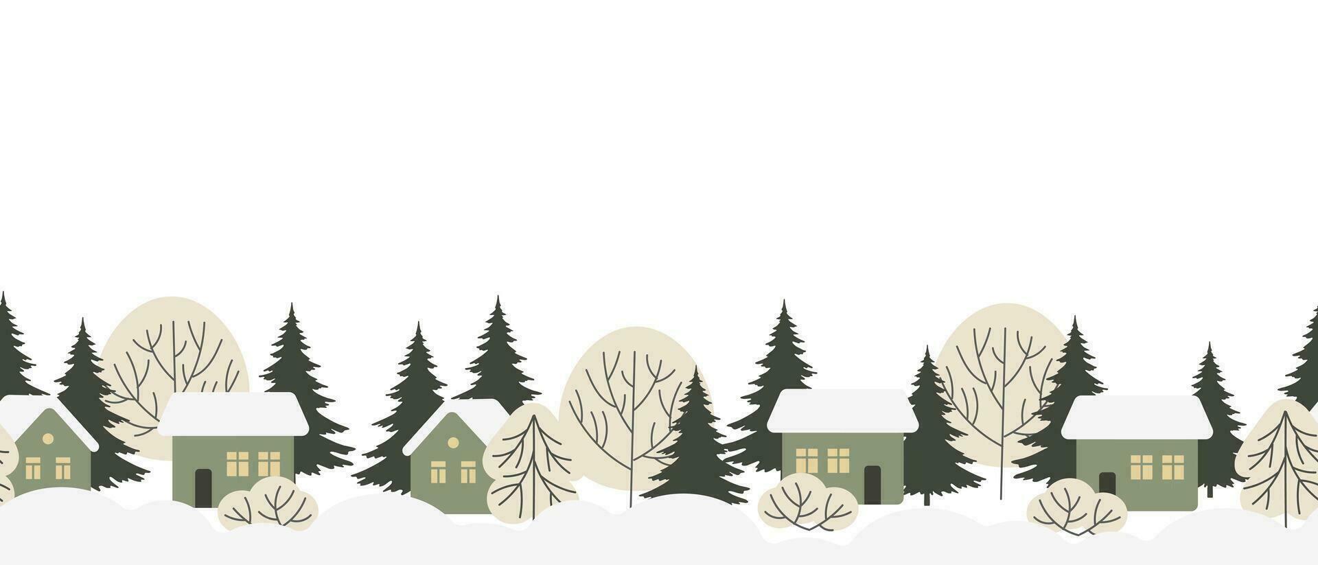 invierno paisaje con casas en el nieve, abeto arboles y arboles sin costura frontera modelo para texto. plantilla, imprimir, vector