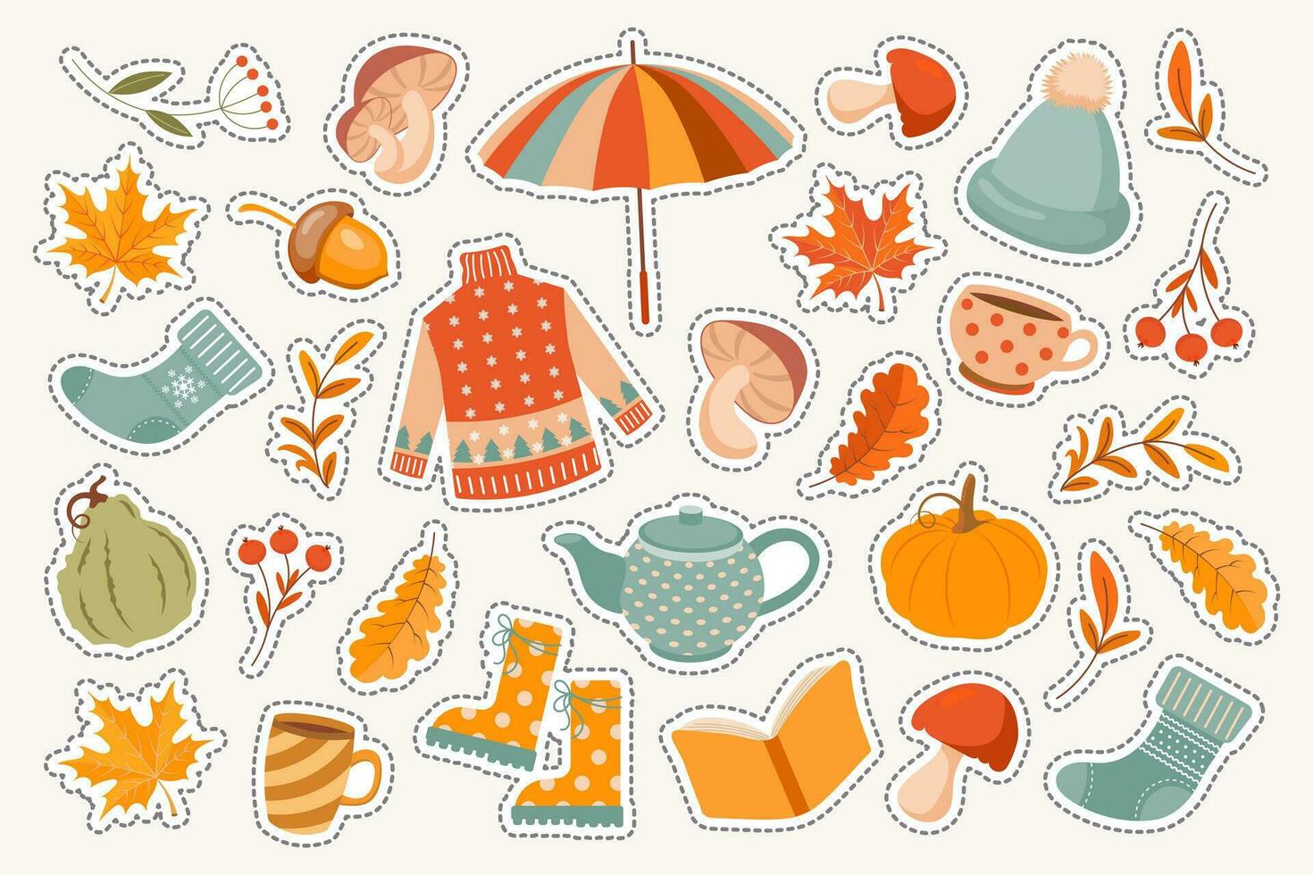 Autumn set of cozy stickers. Sweater, socks, pumpkins, mountain ash, mushrooms, umbrella, autumn leaves, tea, rubber boots. Design elements. Vector