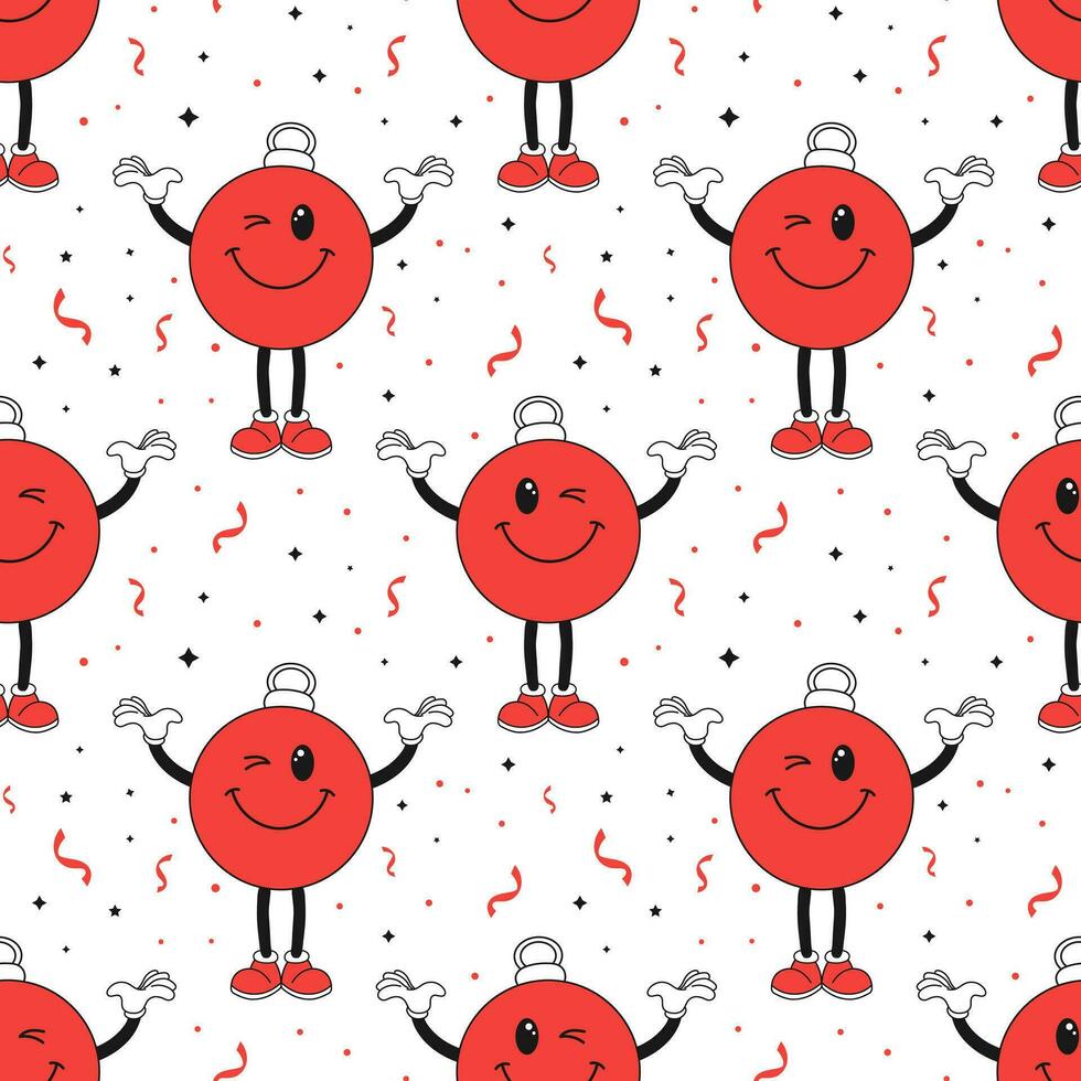 Seamless pattern, retro hippie character of a cheerful Christmas ball. Christmas print, background in cartoon style. Vector