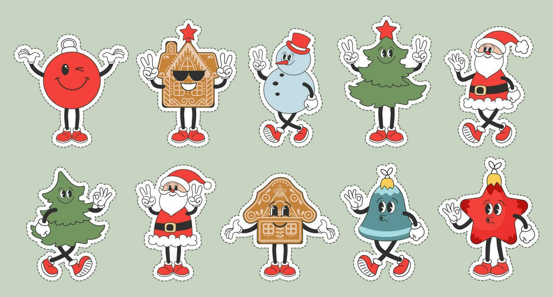 Set of Christmas stickers, Groovy retro characters. Snowman, Santa Claus, Christmas tree, gingerbread, bell, star, Christmas ball. Christmas holiday icons in cartoon style. Vector