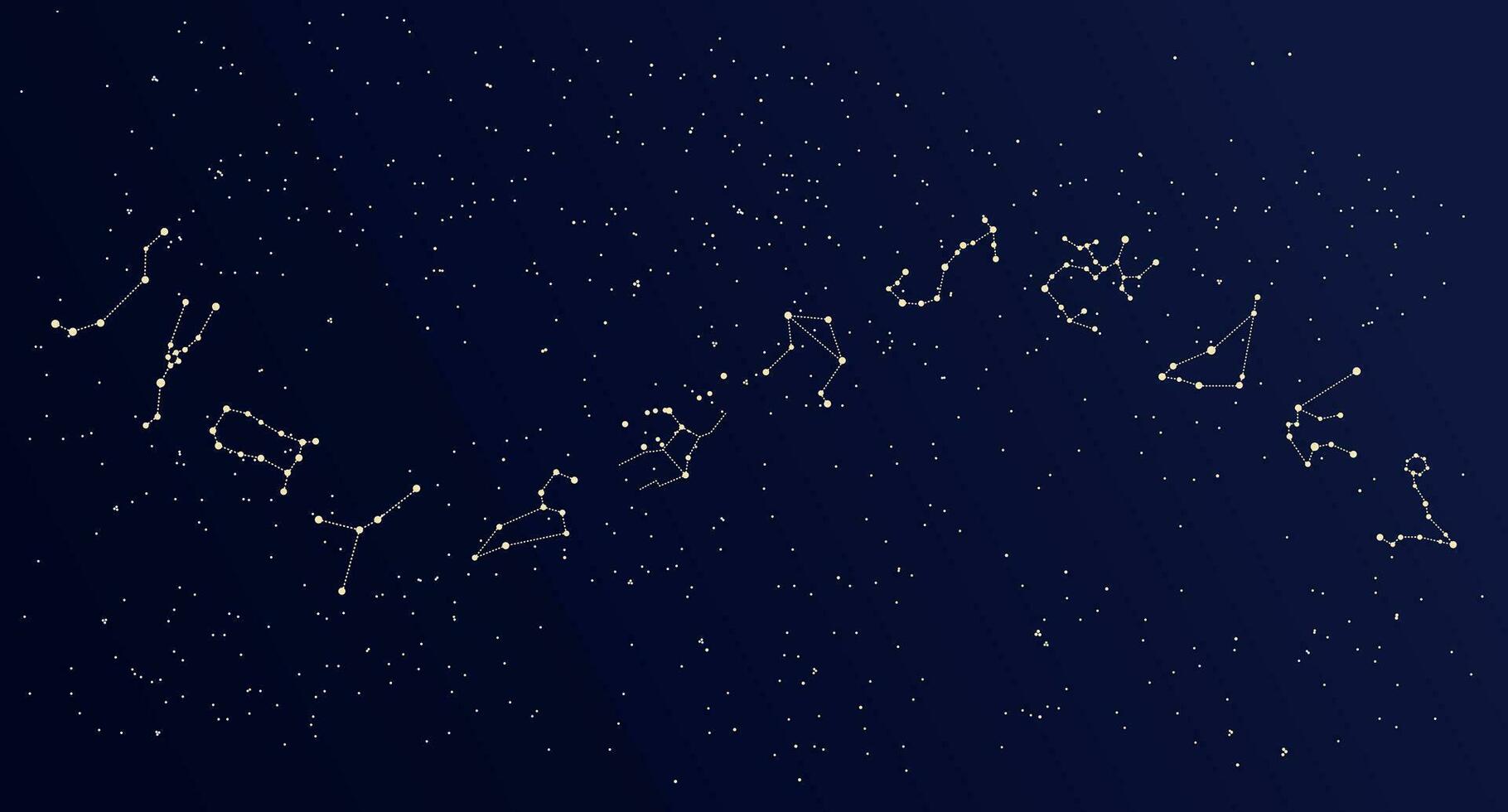 mapa de constelaciones, cielo cósmico místico con constelaciones y estrellas, fondo de nebulosa, galaxia azul. ilustración, póster, vector