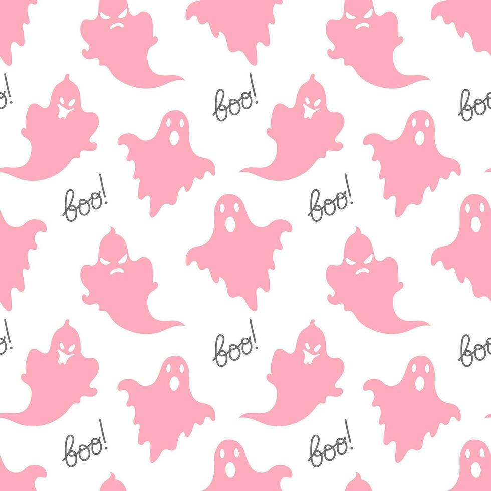 Seamless pattern, cute pink ghosts and the word boo. Halloween print, background, textile, vector