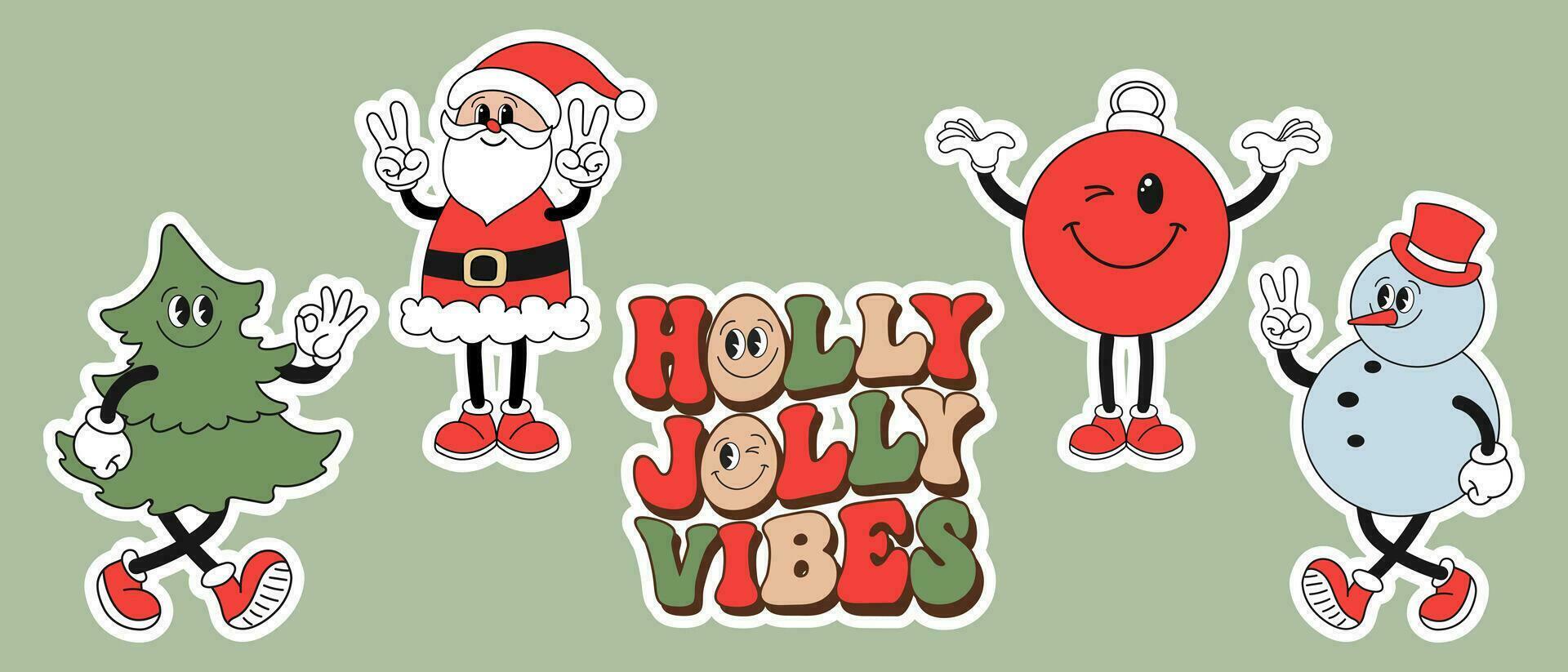 Set of stickers, retro Groovy hippie characters. Snowman, Santa Claus, Christmas tree, Christmas decoration ball. Christmas Holiday icons in trendy cartoon style. Vector