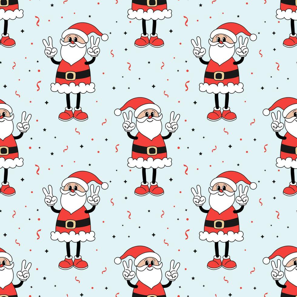 Seamless pattern, retro hippie character of cheerful Santa Claus. Christmas print, background in cartoon style. Vector