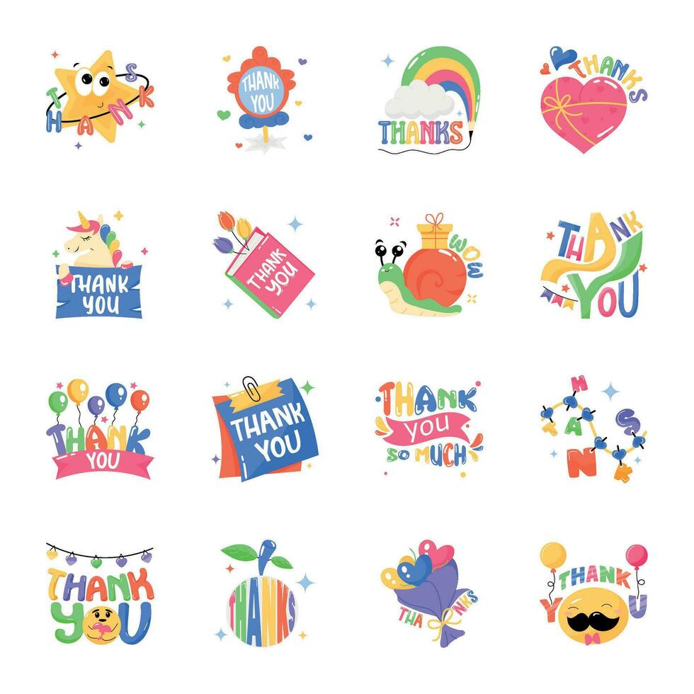 16 Trendy Typographic Thank You Flat Stickers vector