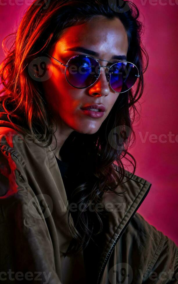 photo of beautiful woman with red and pink lighting and backdrop , generative AI