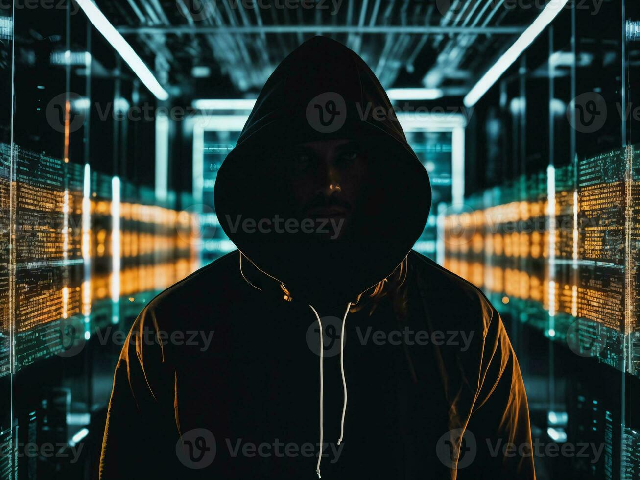 photo of man in black hoodie in server data center room with neon light, generative AI