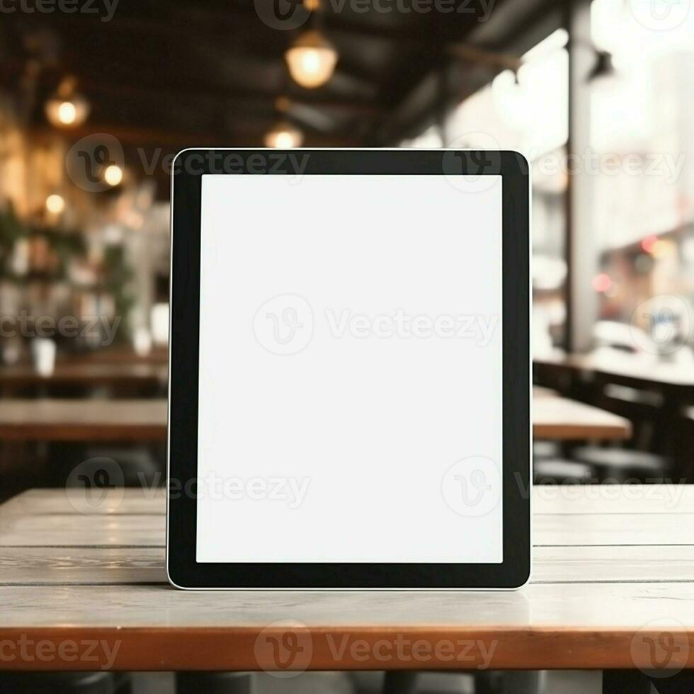 ai generativo alto calidad foto de grande tableta con blanco pantalla en el mesa, Perfecto a crear Bosquejo avance