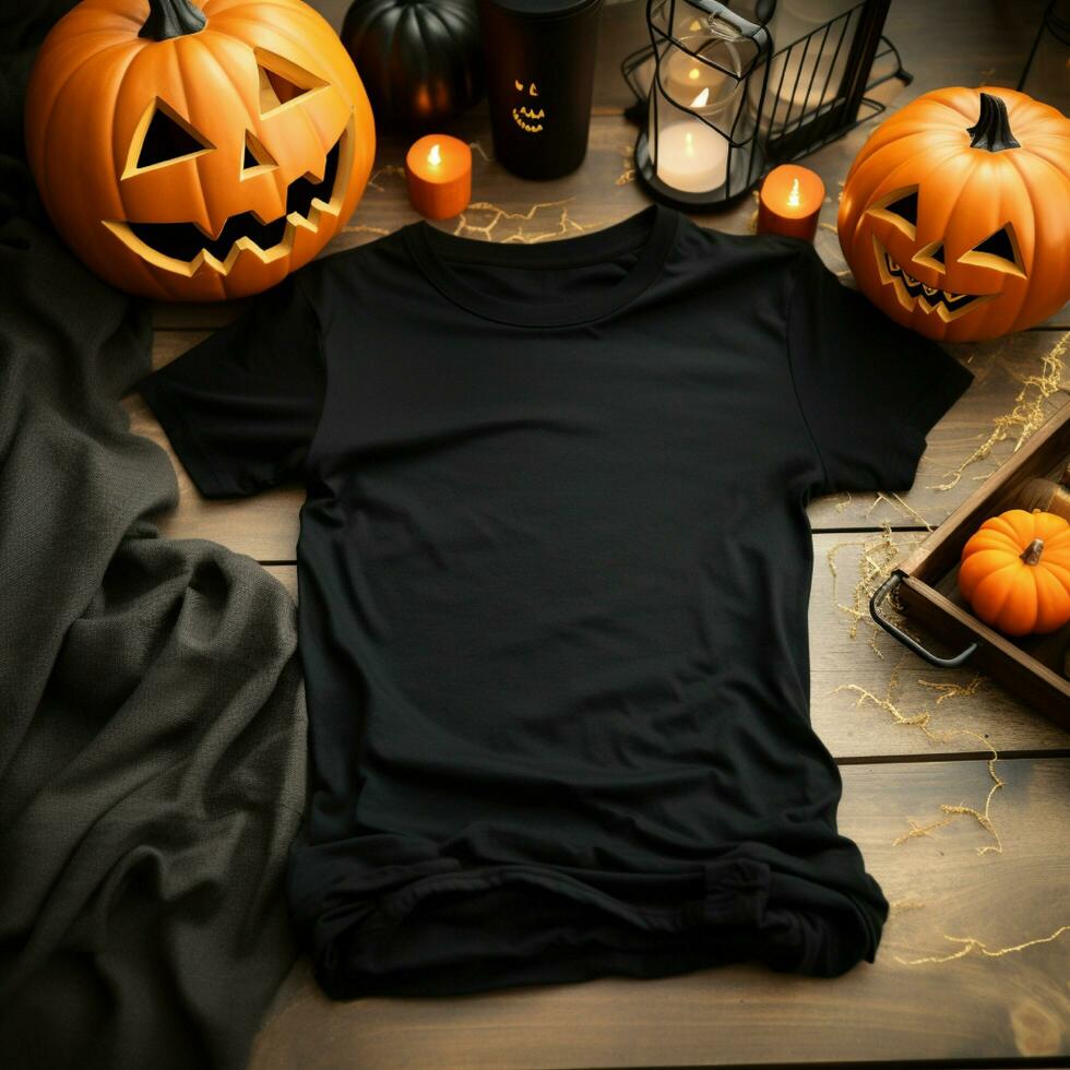 AI generative Blank black t-shirt lying in a sleeping position on a wooden table with several Halloween ornaments photo