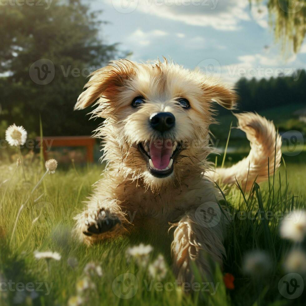 ai generativo alto calidad foto de un contento perro jugando pelota en el césped