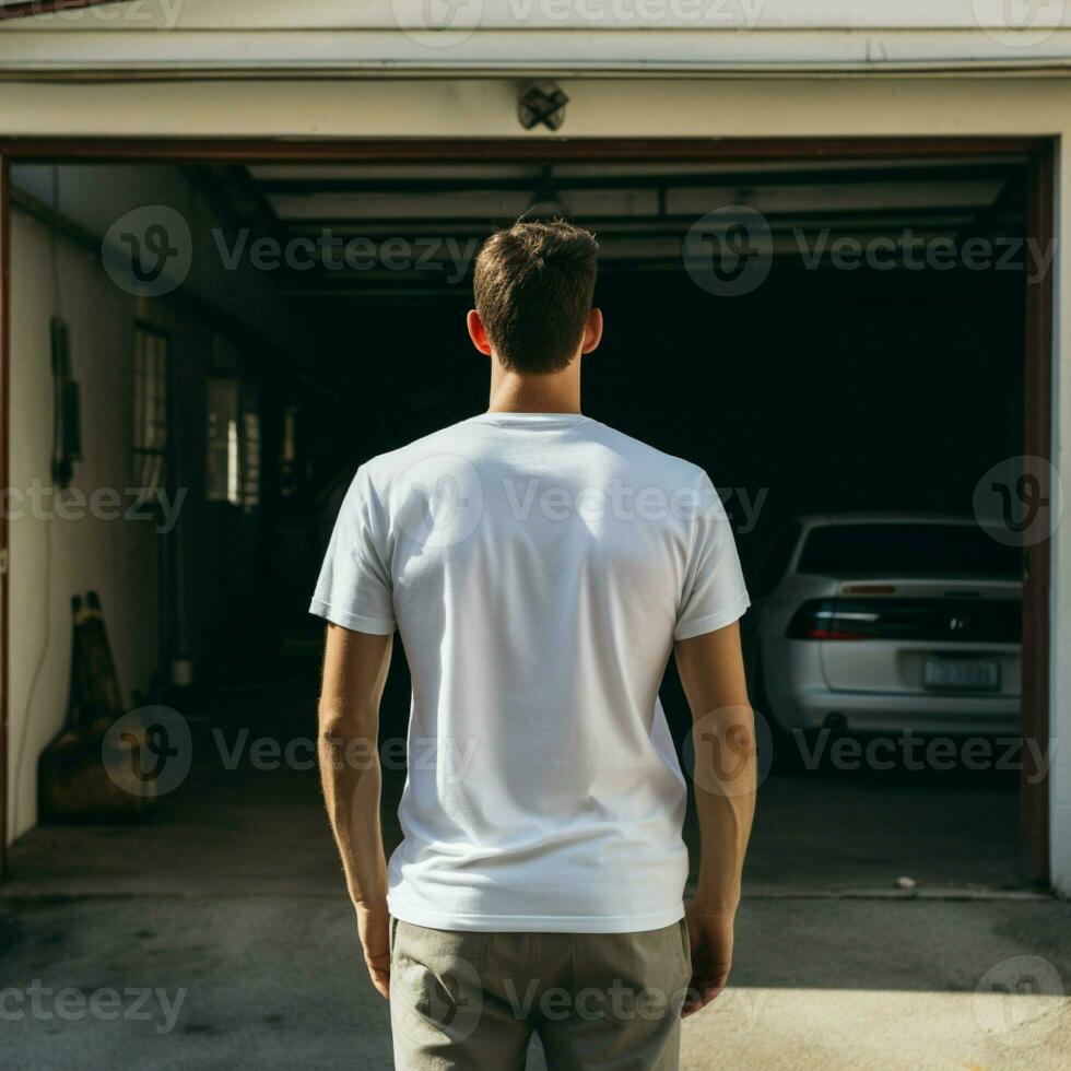 AI generative A man wearing a plain white t - shirt on the garage facing backwards, perfect to create tshirt mockup photo
