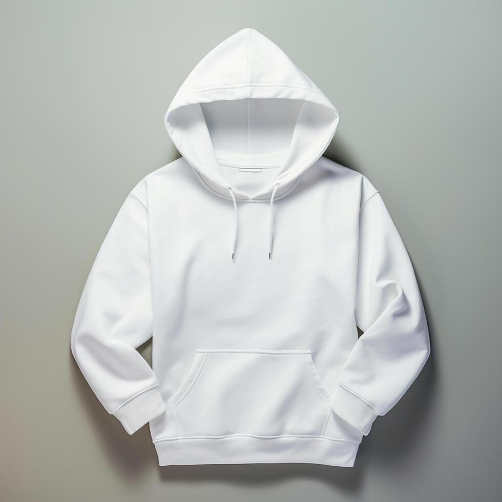 Blank white hoodie lying on the table, photographed from above photo