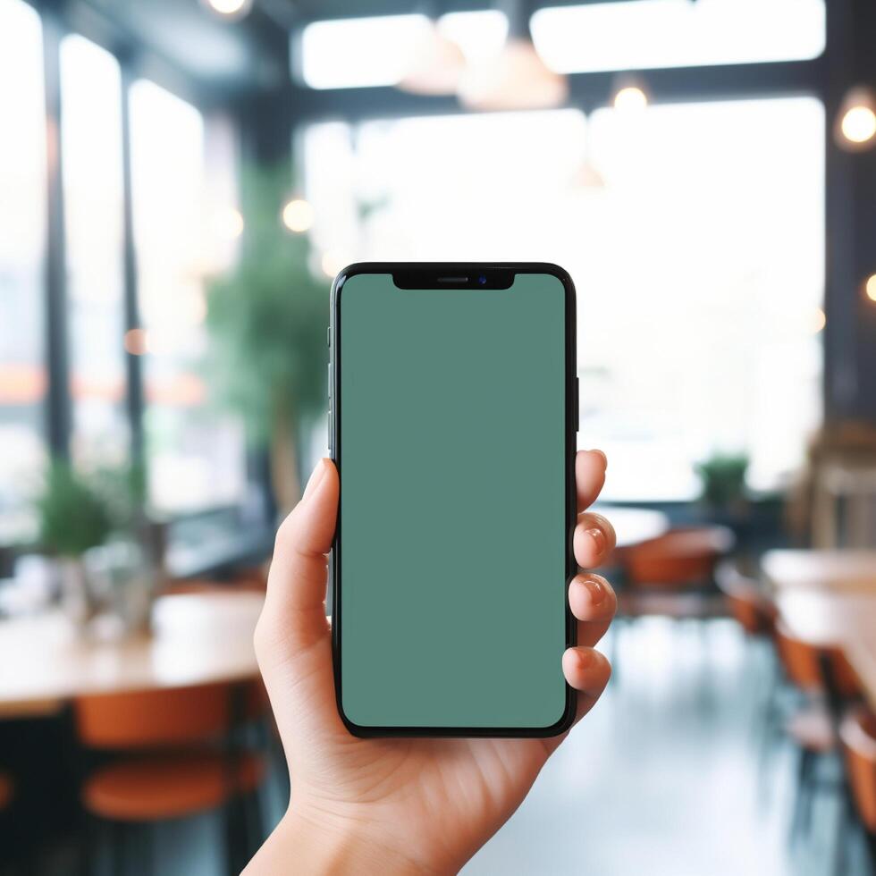 Women hand holding smart phone with the screen is blank plain bright green, blur cafe background photo