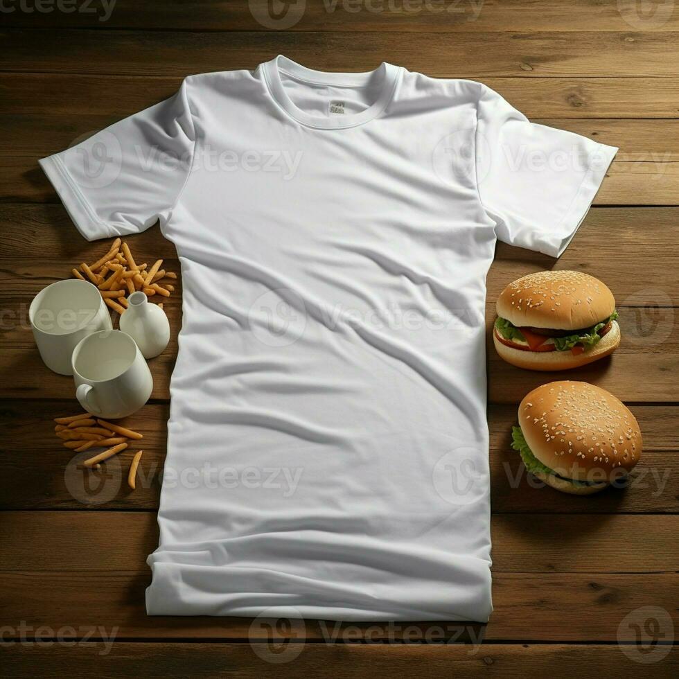 AI generated Blank white t-shirt lying in a sleeping position on a wooden table, beside it are several burgers photo