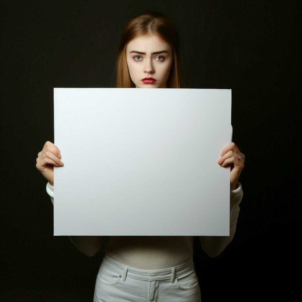 AI generated Sad girl holding a blank white board in dark background photo