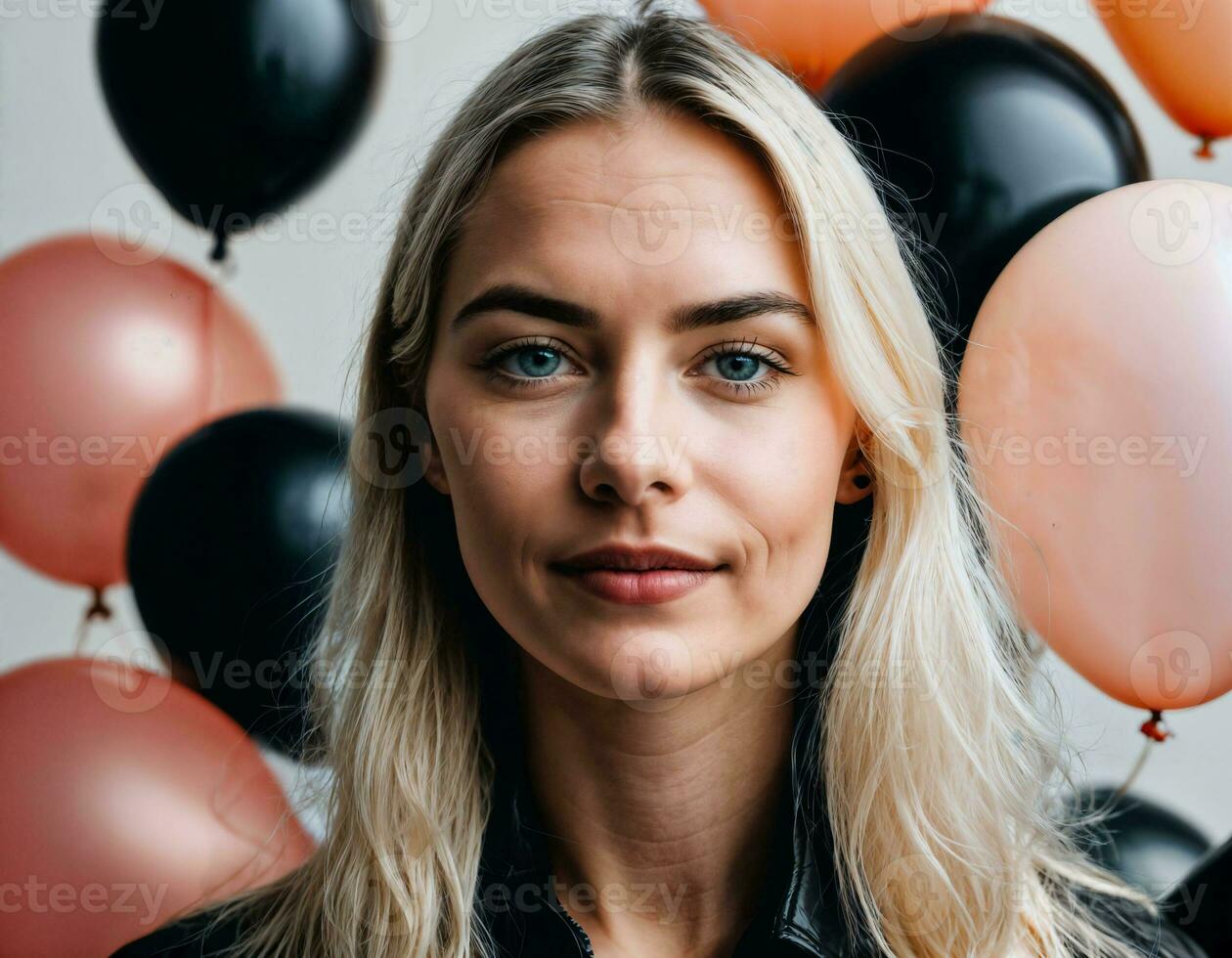 photo of beautiful european woman with blonde hair color in black and white balloons in background, generative AI