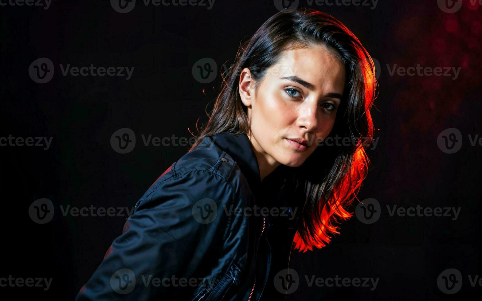photo of beautiful woman with colorful mixed lighting , generative AI