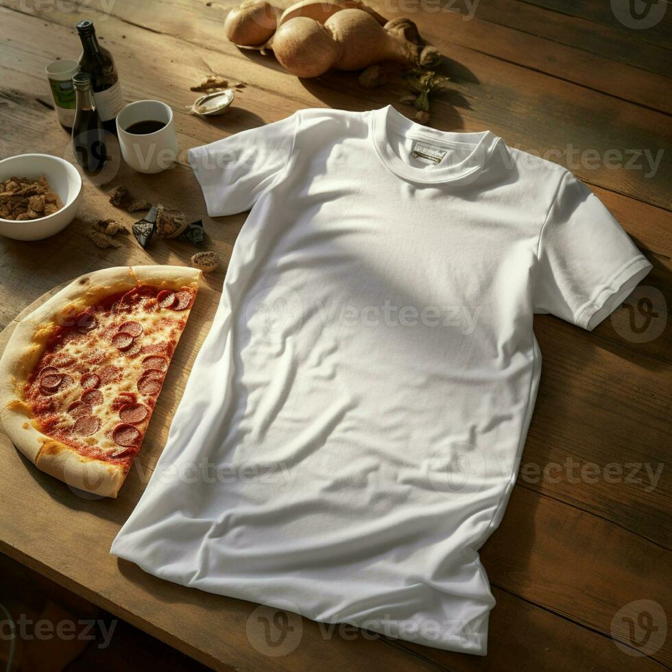 AI generated blank white t-shirt lying in a sleeping position on a kitchen table,with several pizza photo