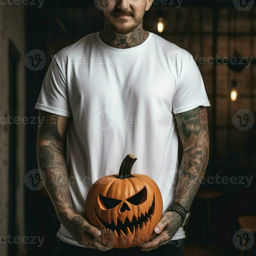 ai generativo foto de un hombre participación Víspera de Todos los Santos calabaza en mano, vistiendo un llanura blanco camiseta